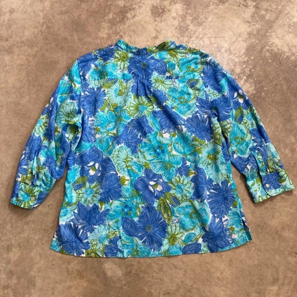 Talbots Shirt Women Medium Petite Blue Button 1/2 Floral Sequin Shine Lightweigt - Picture 6 of 9